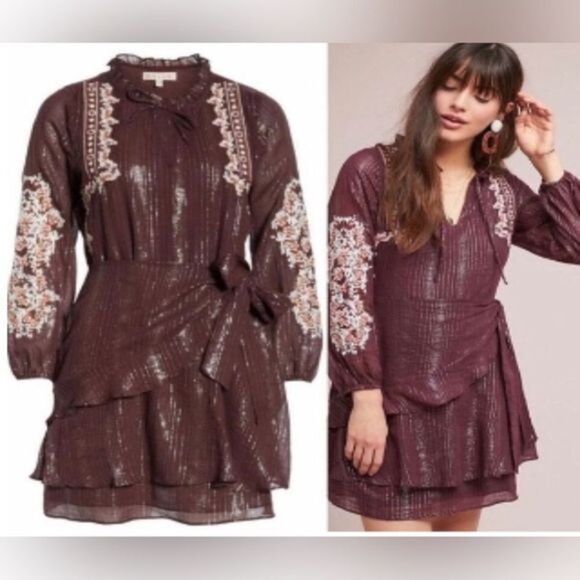 DOLAN Anthropologie Amber Burgundy Metallic Thread Wrap Embroidered Dress Medium - Picture 2 of 9